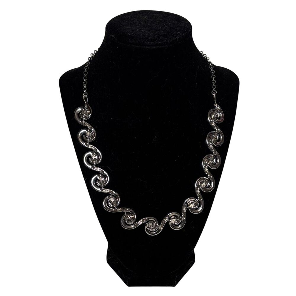 Modern Swirl Link Statement Necklace Silver Tone 19” Adjustable Chunky Chain